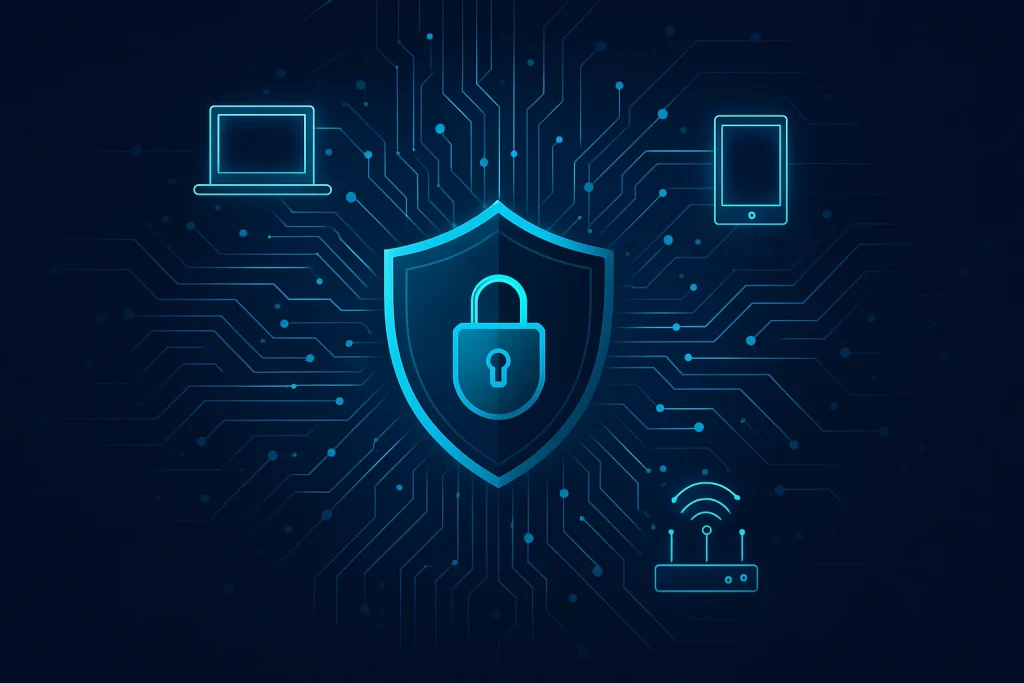 “Abstract digital illustration of a glowing shield and network circuitry on a dark background, representing VPN router setup security”