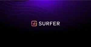 "Surfer SEO logo with dark purple background, representing content optimization."