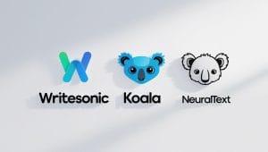 "Logos of AI writing tools Writesonic, Koala, and NeuralText for content creation."
