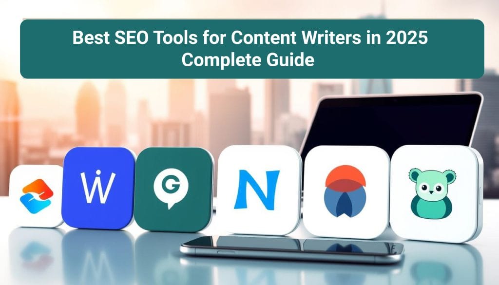"Best SEO tools for content writers in 2025 featuring popular writing and optimization platforms displayed with icons and laptop background."