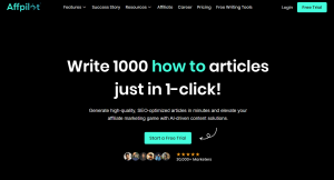 "Affpilot AI writing tool homepage showcasing one-click generation of SEO-optimized articles for content writers and marketers."