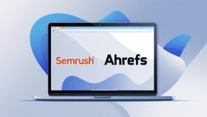 "Laptop screen showing Semrush and Ahrefs logos for SEO research and analytics."