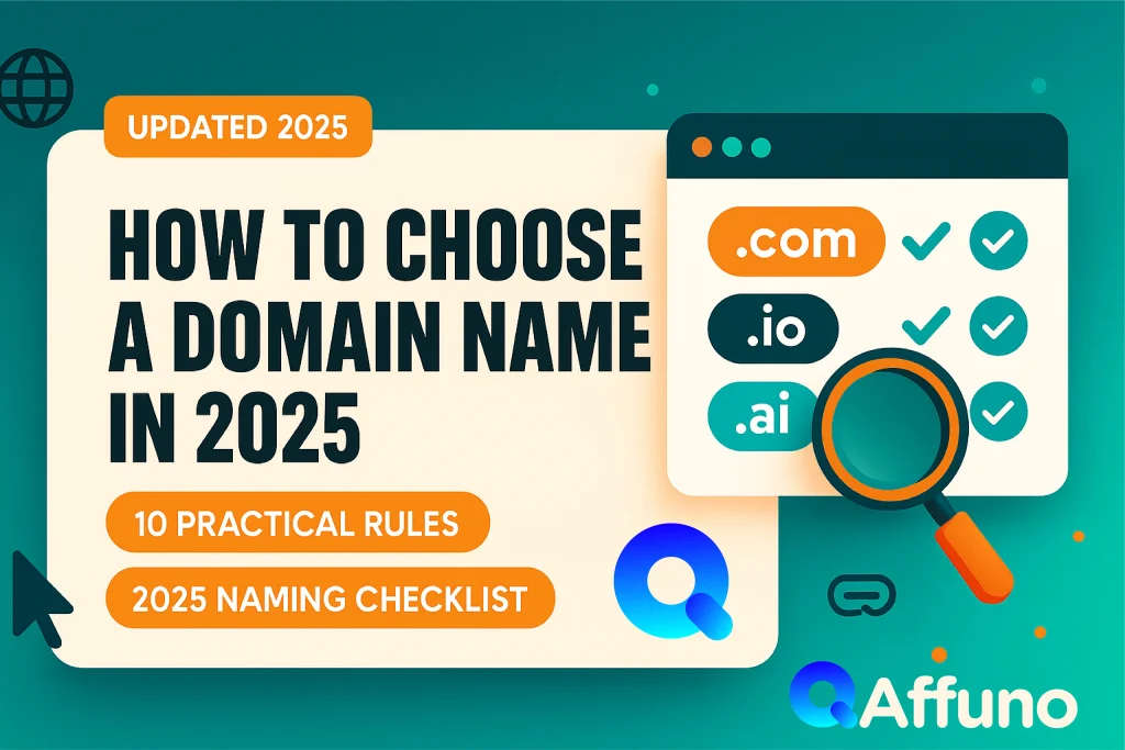 "Infographic banner with text How to Choose a Domain Name in 2025, showing domain extensions .com, .io, .ai with checkmarks and a magnifying glass."