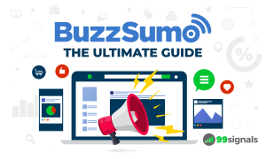 "BuzzSumo ultimate guide illustration showing content marketing and social media analysis tools."