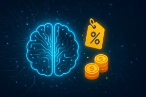 Abstract AI and discount banner with a glowing digital brain, percentage discount tag, and golden coins, representing AI lifetime deals in 2025.