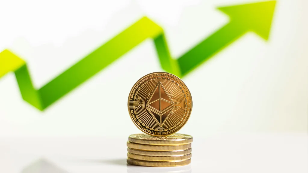 "Stack of coins with a green arrow showing financial growth, symbolizing investment growth and wealth building"
