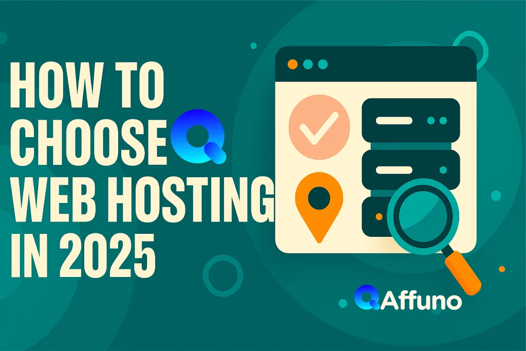 "Infographic cover image with title How to Choose Web Hosting in 2025, featuring server icons, location pin, magnifying glass, and checklist graphics."