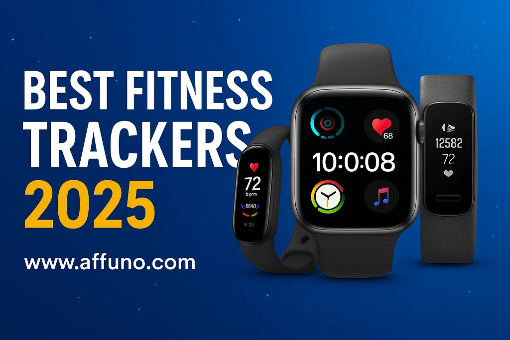“Modern fitness trackers and smartwatches with health icons and sporty background for 2025 reviews”