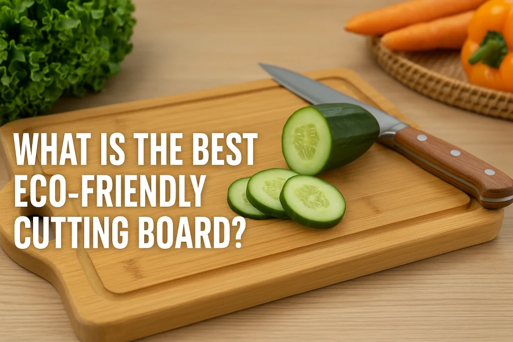 “Eco-friendly bamboo cutting board on a wooden countertop with sliced cucumber, knife, fresh vegetables and text asking what is the best eco-friendly cutting board”
