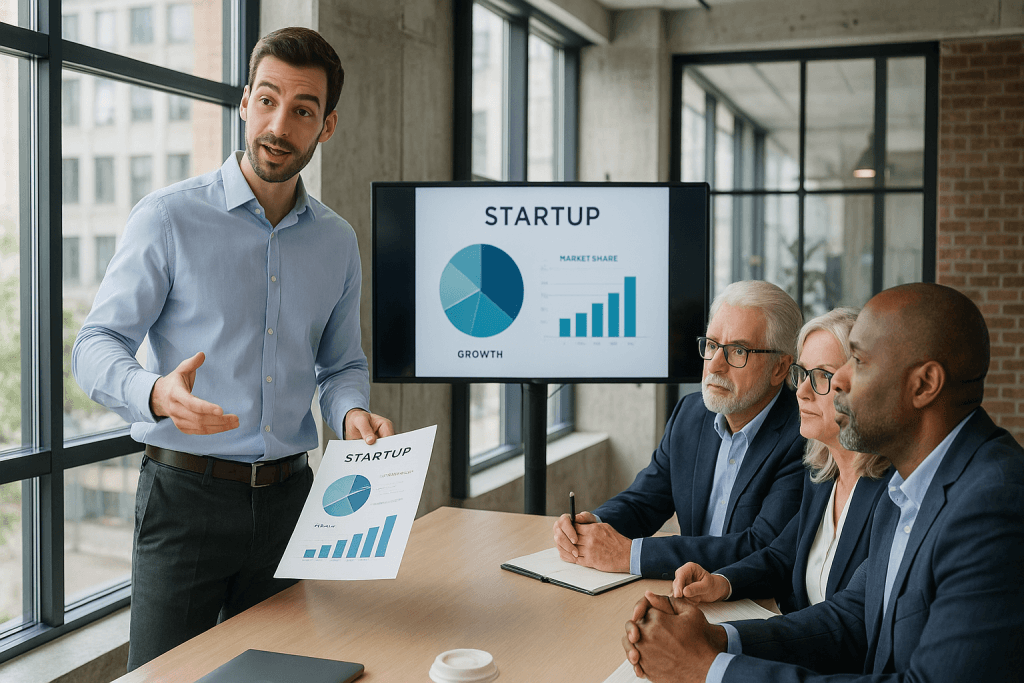 “Entrepreneur presenting startup growth charts to investors during a pitch.” Title: Startup Pitch Presentation with Growth Charts