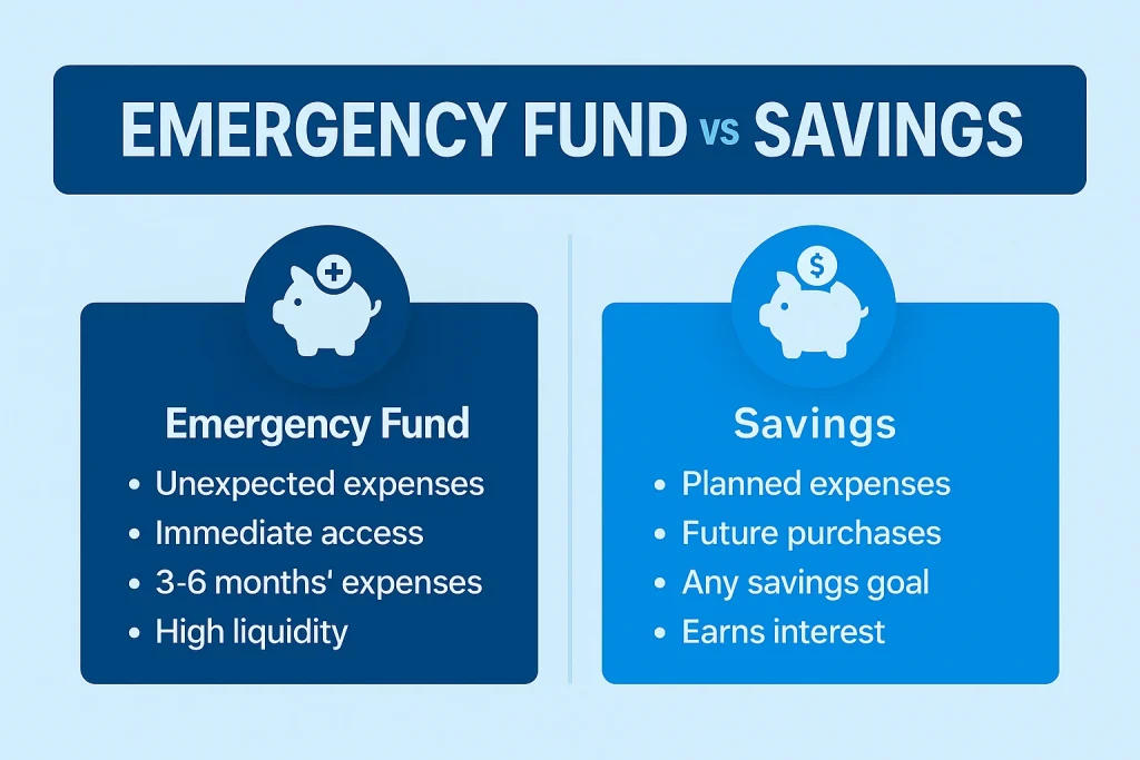 Emergency fund vs savings infographic – Side-by-side comparison showing differences in purpose, accessibility, and usage.