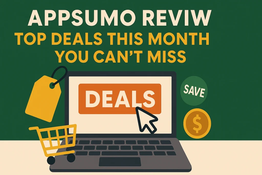 Graphic featuring a laptop with “Deals” on the screen and shopping icons, promoting AppSumo’s latest monthly software deals. Description: A bold promotional graphi