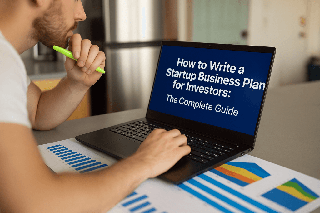 A male entrepreneur working on a laptop at his desk, reviewing printed charts and graphs. The laptop screen displays the text: “How to Write a Startup Business Plan for Investors: The Complete Guide”.