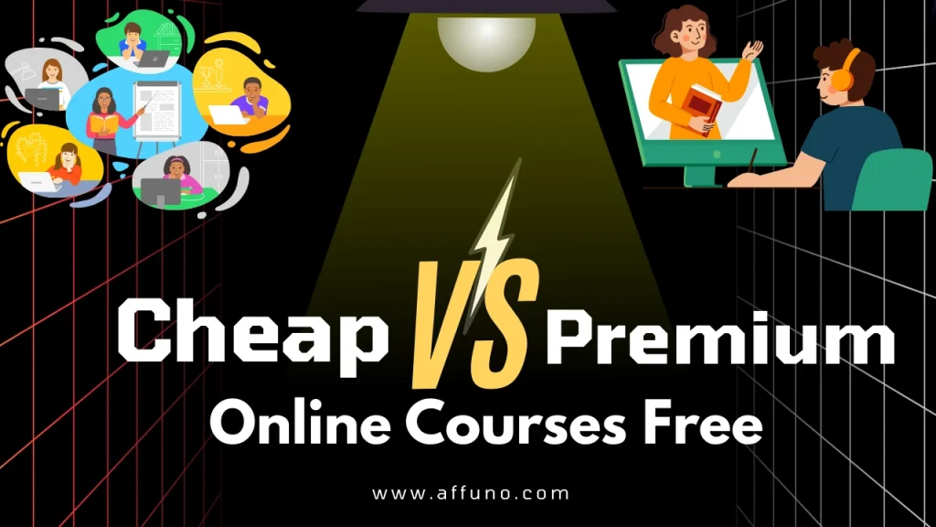 Cheap vs Premium online courses comparison illustration with students learning on laptops and virtual classes