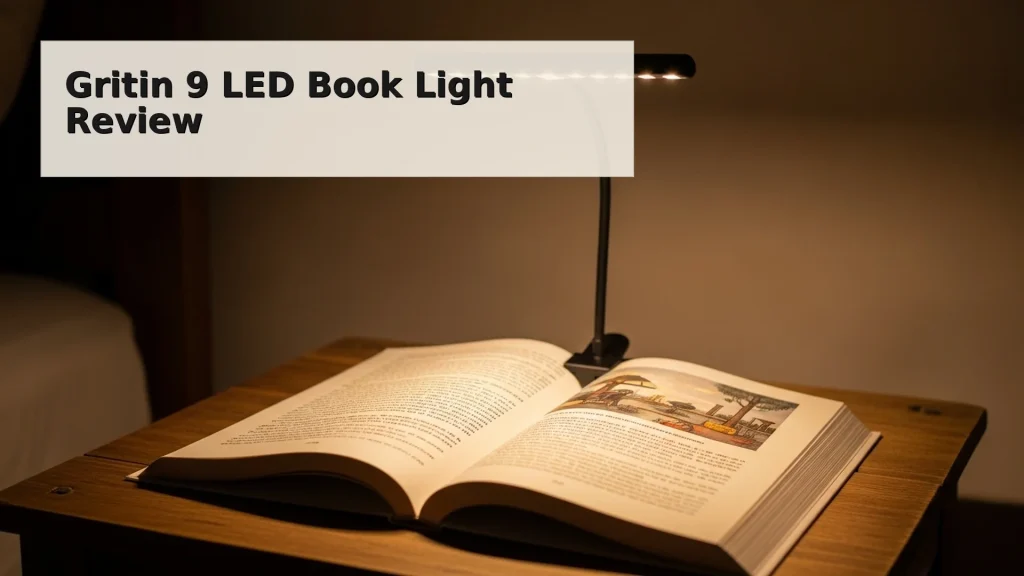 “Clip-on 9-LED rechargeable book light illuminating an open book on a bedside table.”